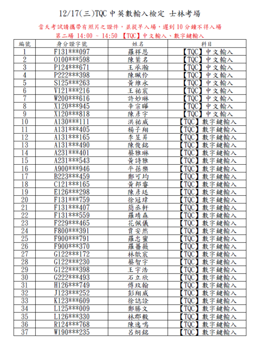 114年12月17日TQC中英數輸入檢定 士林考場圖片