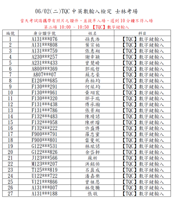 115年06月02日(二)TQC中英數檢定 士林考場圖片