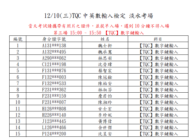 114年12月10日TQC中英數輸入檢定 淡水考場圖片